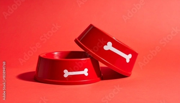 Fototapeta Two red dog bowls with white bone icons on red background, one upright, one tilted.