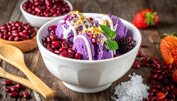 Fototapeta Purple ice cream with cranberries and granola in white bowl on rustic wooden surface.