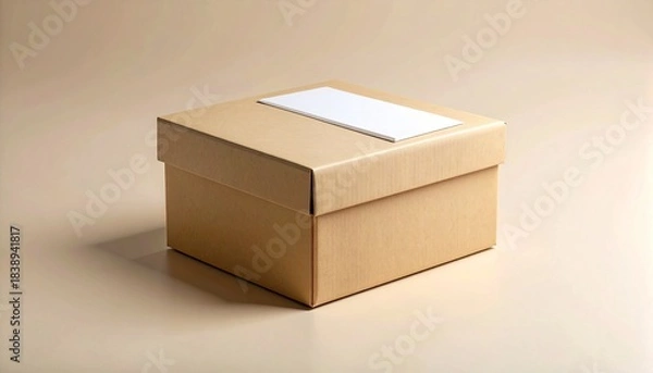 Fototapeta Closed cardboard box with blank label on neutral surface and background, minimal and clean.