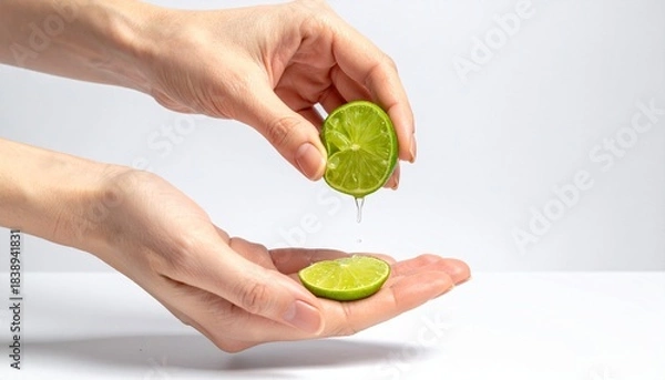 Fototapeta Hand squeezing lime with juice splashing on white background, vibrant and fresh.