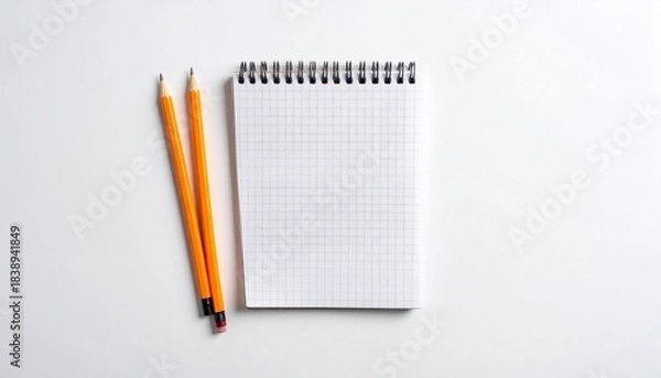 Fototapeta Open graph notebook with two yellow pencils on white surface, clean and academic.