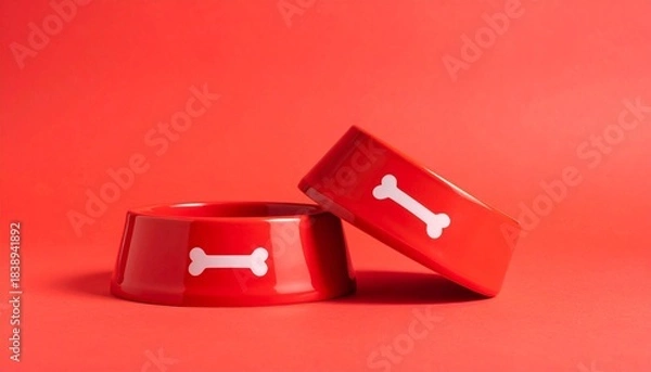 Fototapeta Two red dog bowls with white bone icons on red background, one upright, one tilted.