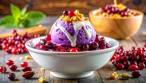 Fototapeta Purple ice cream with cranberries and granola in white bowl on rustic wooden surface.