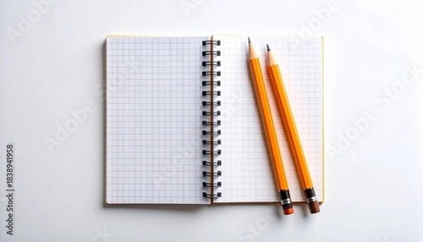 Fototapeta Open graph notebook with two yellow pencils on white surface, clean and academic.