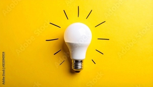 Fototapeta White LED bulb on yellow background with black lines radiating outward, symbolizing bright idea and creativity.