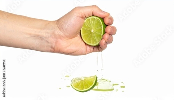 Fototapeta Hand squeezing lime with juice splashing on white background, vibrant and fresh.