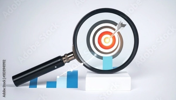 Fototapeta Magnifying glass enlarging bullseye with arrow, bar graph in background, symbolizing focus and growth.