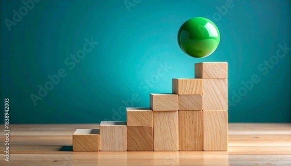 Fototapeta Wooden staircase of blocks with green sphere on top, teal gradient background and tabletop surface.