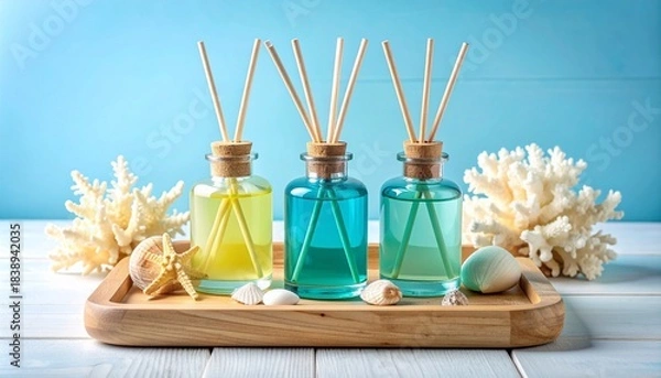 Fototapeta Three reed diffusers with colored liquids on wooden tray, surrounded by coral, shells, and pebbles.