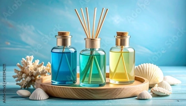 Fototapeta Three reed diffusers with colored liquids on wooden tray, surrounded by coral, shells, and pebbles.