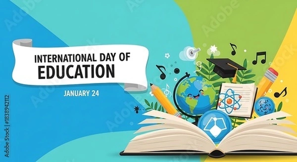 Obraz Colorful international day of education january 24 banner with open book, globe, and school supplies