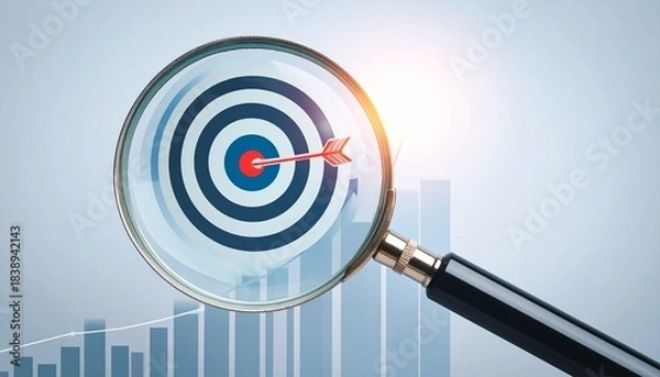 Fototapeta Magnifying glass enlarging bullseye with arrow, bar graph in background, symbolizing focus and growth.