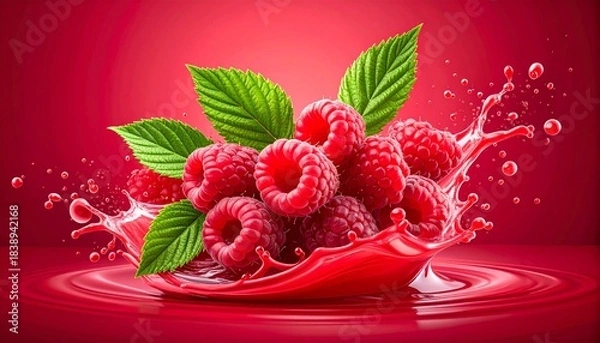 Fototapeta Fresh raspberries with green leaves in red liquid splash on red gradient background, juicy and vibrant.