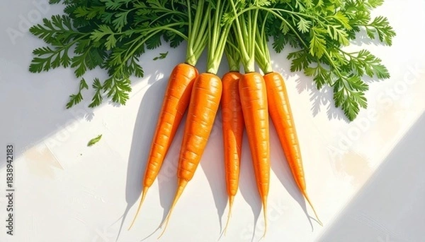 Fototapeta Five fresh carrots with green tops on light surface, vibrant orange color and natural texture.