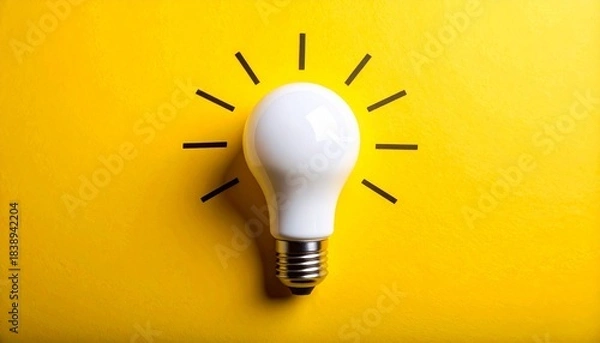Fototapeta White LED bulb on yellow background with black lines radiating outward, symbolizing bright idea and creativity.