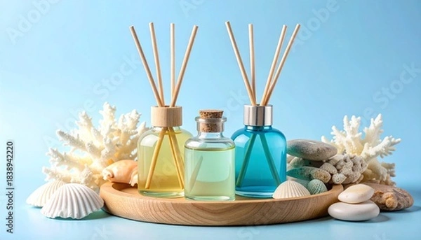 Fototapeta Three reed diffusers with colored liquids on wooden tray, surrounded by coral, shells, and pebbles.