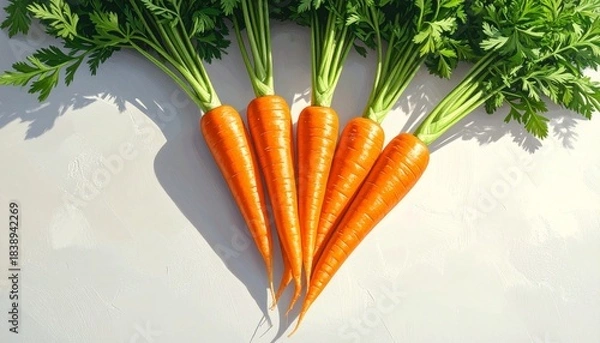 Fototapeta Five fresh carrots with green tops on light surface, vibrant orange color and natural texture.