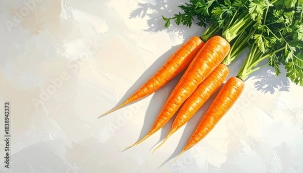 Fototapeta Five fresh carrots with green tops on light surface, vibrant orange color and natural texture.