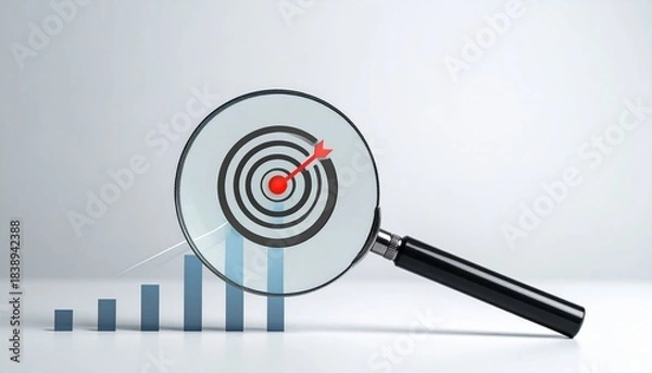 Fototapeta Magnifying glass enlarging bullseye with arrow, bar graph in background, symbolizing focus and growth.