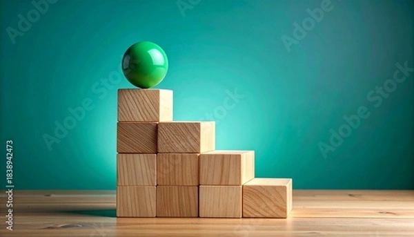 Fototapeta Wooden staircase of blocks with green sphere on top, teal gradient background and tabletop surface.