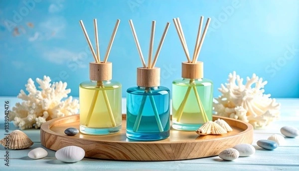 Fototapeta Three reed diffusers with colored liquids on wooden tray, surrounded by coral, shells, and pebbles.