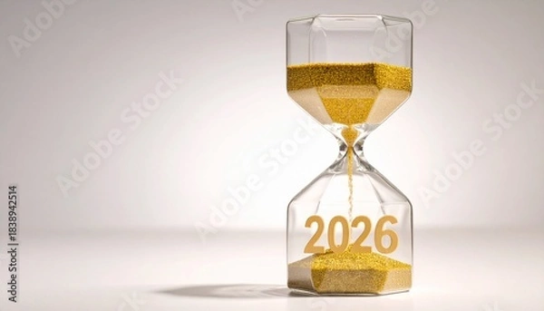 Fototapeta Glass hourglass with golden sand forming "2026" on white background, symbolizing time and future.