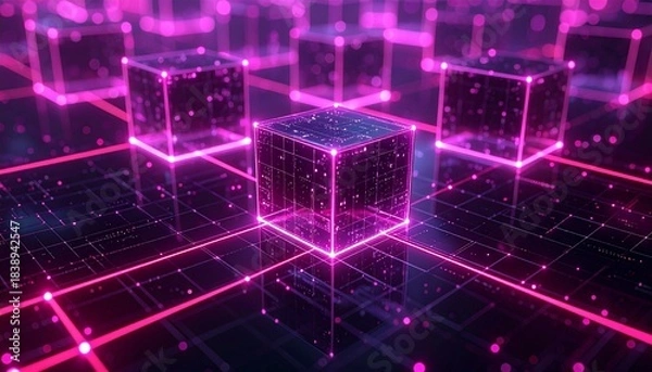 Fototapeta Futuristic digital network with glowing pink cubes on dark grid circuit background.