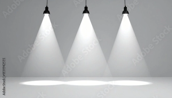 Fototapeta Three pendant lights casting overlapping circular beams on neutral gray background, symmetrical and minimal.