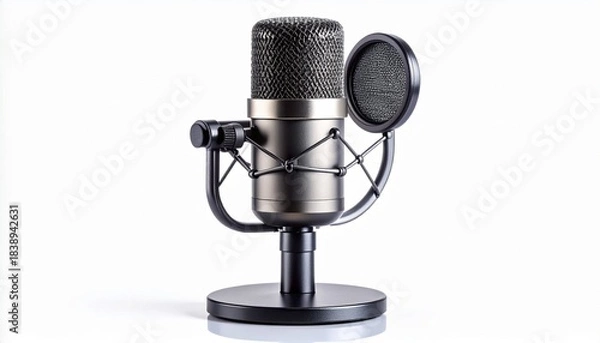 Fototapeta Studio microphone with shock mount on plain white background, isolated and professional.