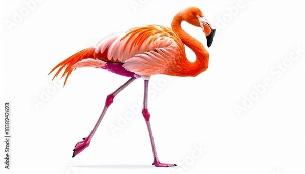 Fototapeta Vibrant flamingo standing on one leg against white background, elegant posture and vivid feathers.