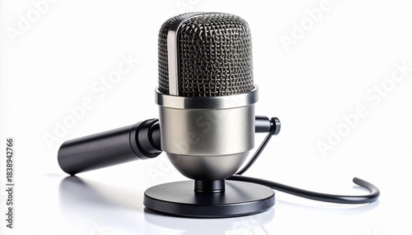 Fototapeta Studio microphone with shock mount on plain white background, isolated and professional.