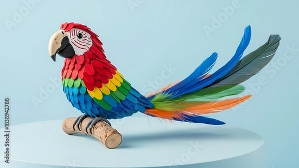 Obraz Vibrant Beaded Macaw Bird Figurine | Realistic Rainbow Parrot on Branch Decor
