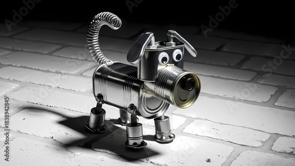 Obraz Whimsical Scrap Metal Dog with Camera Lens Eye | Industrial Robot Puppy Art