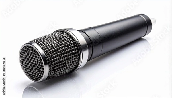 Fototapeta Studio microphone with shock mount on plain white background, isolated and professional.