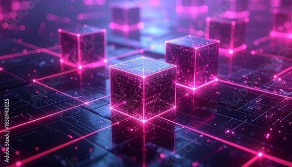 Fototapeta Futuristic digital network with glowing pink cubes on dark grid circuit background.
