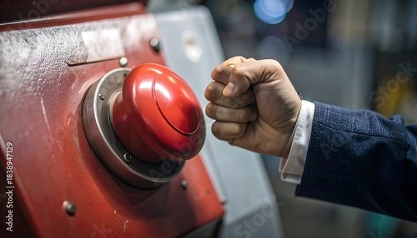 Obraz Hand presses red button