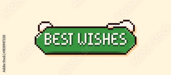 Fototapeta Christmas pixel speech bubble with a green background the phrase Best Wishes and snow peaks.