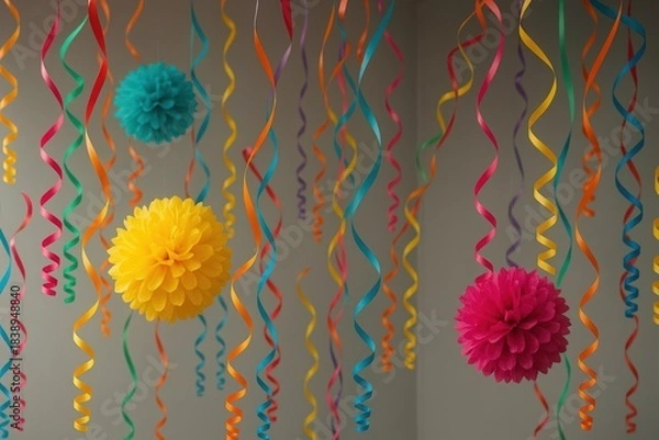 Obraz Colorful hanging party decorations with vibrant pom-poms and curly ribbons. Festive background for a birthday or celebration event