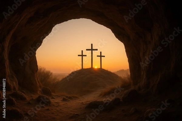 Obraz Three crosses on a hill at sunrise viewed from an empty tomb. Christian symbol of the crucifixion and resurrection. Easter and Good Friday religious background