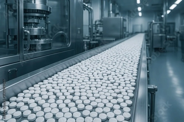 Obraz Mass production of white pills on a conveyor belt in a pharmaceutical factory. Automated manufacturing of medical tablets on an industrial production line