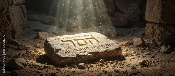 Obraz An ancient stone tablet with hebrew script illuminated by divine light. Archaeological discovery in a dark cave. Religious and historical revelation concept