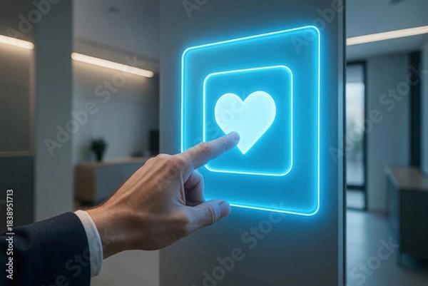 Obraz A man's hand presses a glowing blue heart icon on a touch screen. Close-up of a finger on a futuristic like button for social media feedback and approval