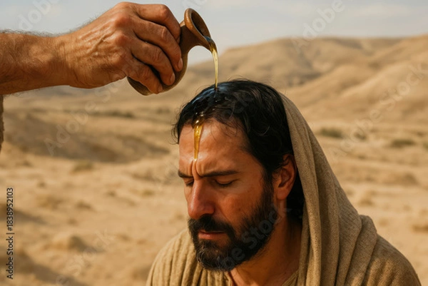 Obraz A man is anointed with holy oil from a clay jug in the desert. Biblical scene depicting a sacred spiritual ritual of faith and consecration