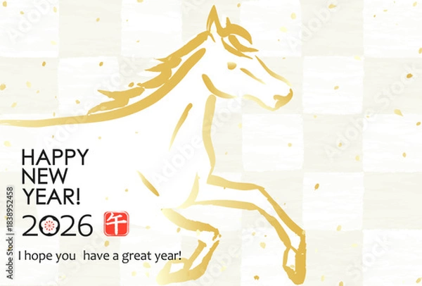 Obraz 2026年　日本の年賀状　市松模様に白馬