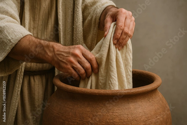 Obraz Close-up of a man in ancient robes washing a cloth in a clay pot. Biblical scene representing humility and service. Historical depiction of Jesus