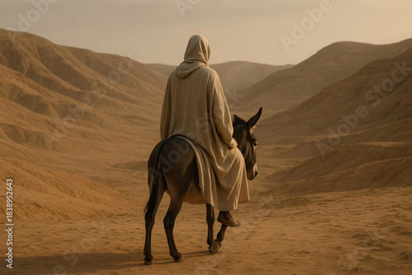 Obraz A person in a traditional robe rides a donkey on a journey through the desert. Historical biblical scene of a pilgrimage. Solitude and faith concept