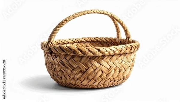 Fototapeta “Circular wicker basket with dual handles on neutral surface”