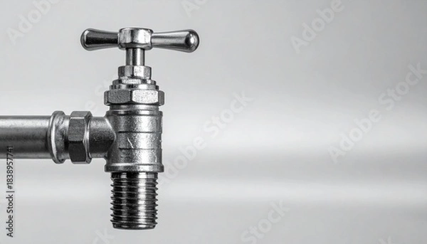 Fototapeta “Metal water faucet with T-handle valve on pipe against light gray background”