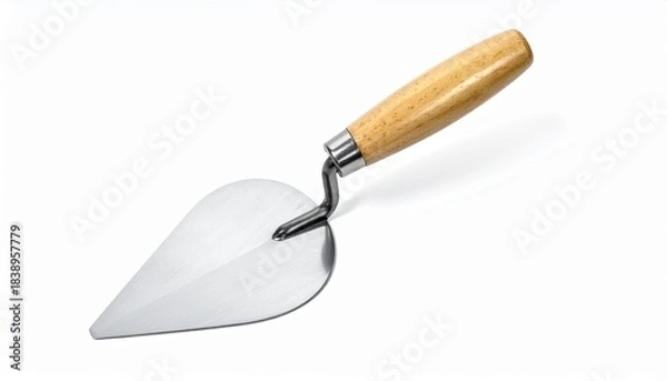 Fototapeta “Masonry trowel with pointed metal blade and wooden handle on neutral surface”