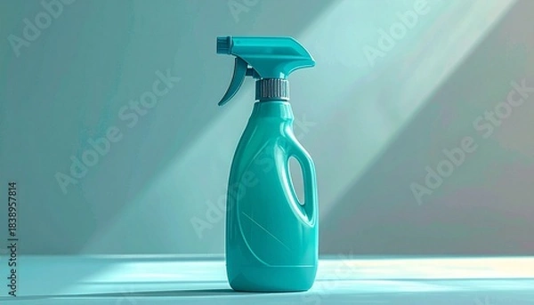 Fototapeta “Turquoise plastic spray bottle with trigger nozzle in soft-lit minimalist setting”